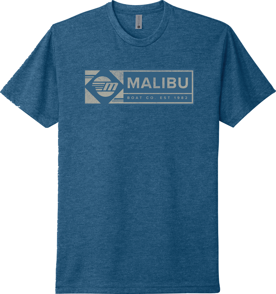 Blue Malibu Icon T-shirt featuring a vintage-style logo with "Malibu Boat Co. Est 1982" printed on the front.