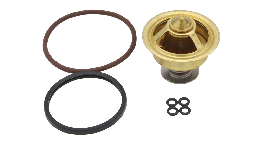 PCM Thermostat Kit RP026007 featuring a brass thermostat and multiple O-rings for optimal engine cooling performance.