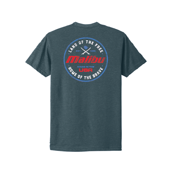 Malibu Brave Tee featuring a circular design with "Land of the Free" and "Home of the Brave" text on the back.