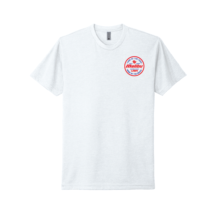 White Malibu Brave Tee featuring a circular logo in red and blue, ideal for boating enthusiasts.