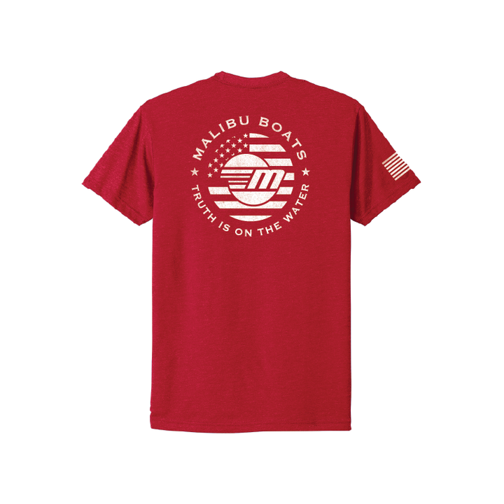 Red Patriot Tee featuring Malibu Boats logo and American flag design, emphasizing a love for boating and patriotism.