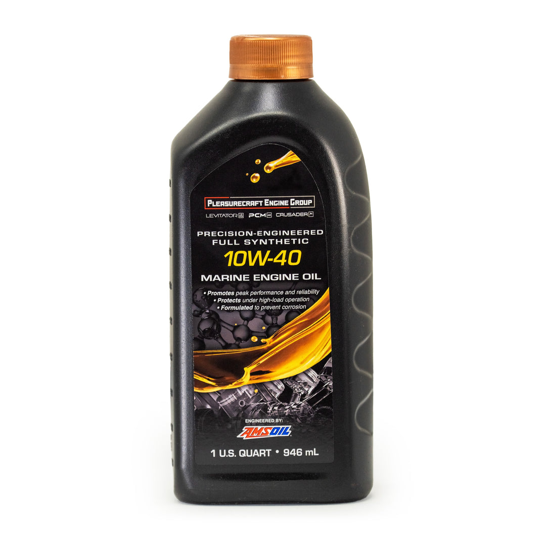 Black plastic PCM oil service kit bottle with a copper cap, labeled as 10W-40 marine engine oil, featuring a black, yellow, and orange design.