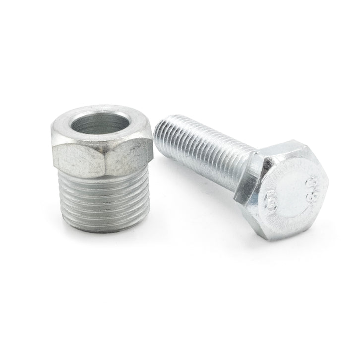 Johnson 812 Impeller Puller components: a silver hex nut and a bolt with a rounded head, both made of metal.