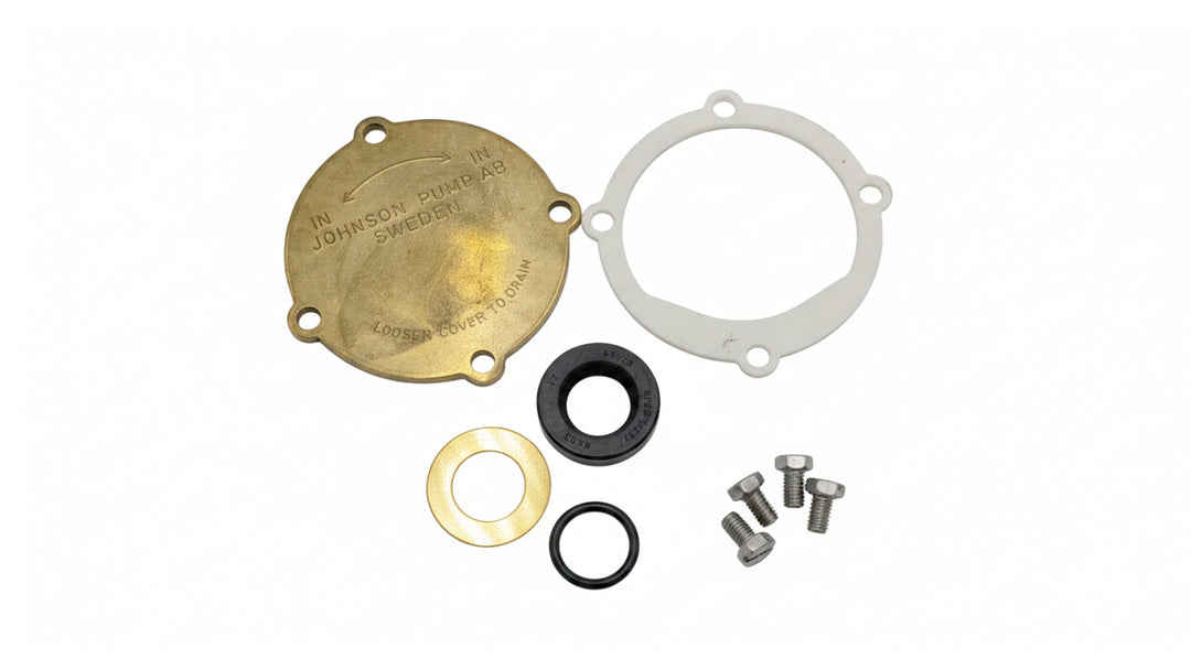 Indmar Raw Water Pump Wear Kit components including gaskets, seals, and screws for boat maintenance and repair.