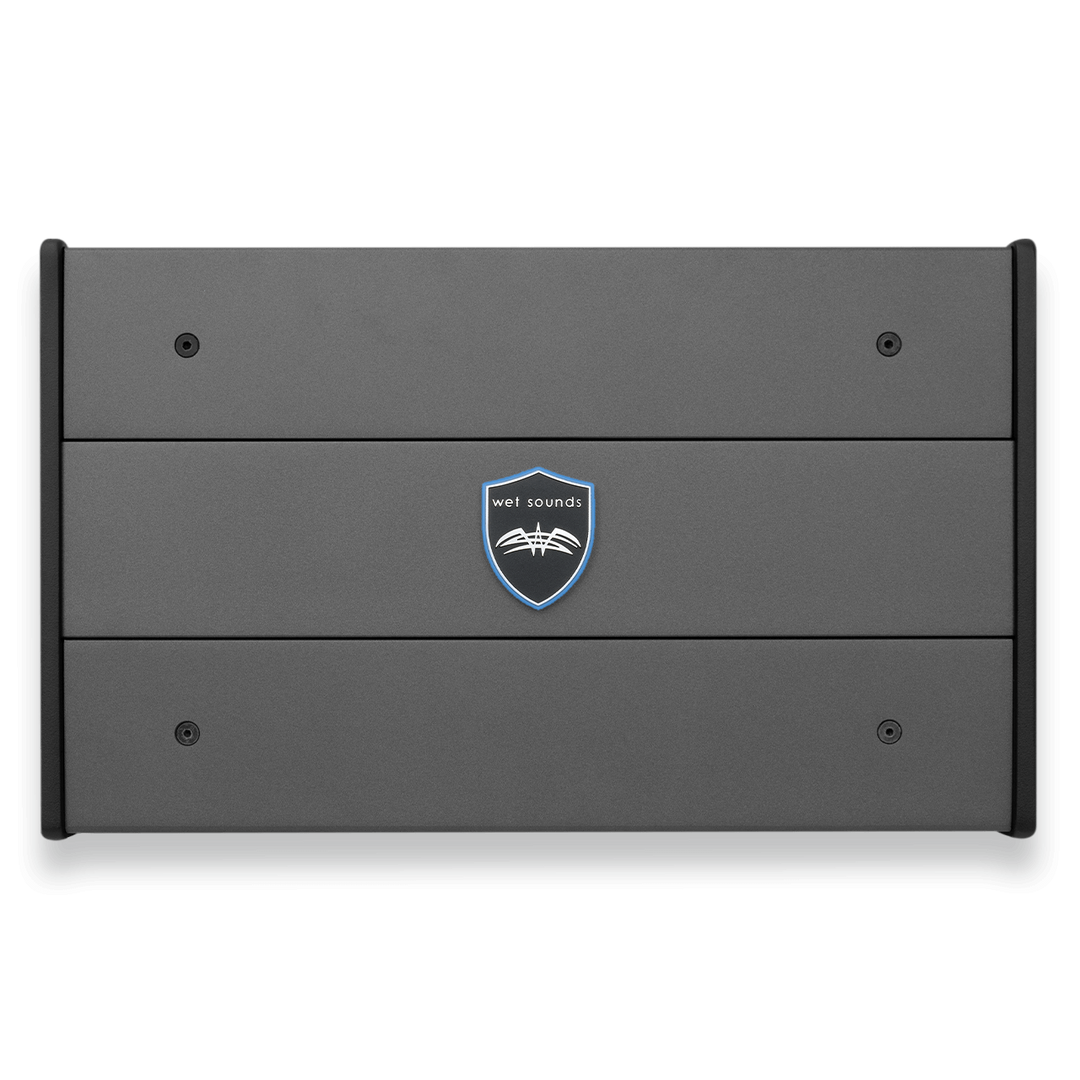 Wet Sounds SYN-DX2.3 HP marine amplifier with a sleek gray design, black side panels, and a Wet Sounds logo on the front.