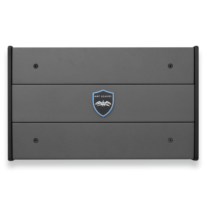 Wet Sounds SYN-DX2.3 HP marine amplifier with a sleek gray design, black side panels, and a Wet Sounds logo on the front.