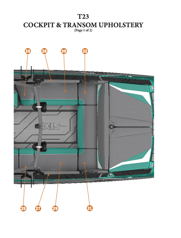 Diagram of 2019 Axis T23 cockpit and transom upholstery, highlighting starboard rear lounge cushion skin.