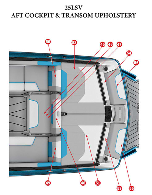 Diagram of the 2020 Malibu 25LSV showing the port rear sundeck hatch skin and upholstery layout for the aft cockpit.