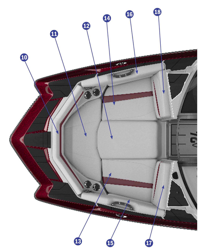 2020 A24 boat upholstery layout featuring seating design and speaker placements for enhanced comfort and style.