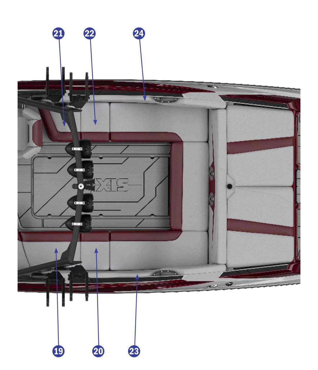2020 A24 boat upholstery featuring a sleek design with red and gray colors, enhancing comfort and style.