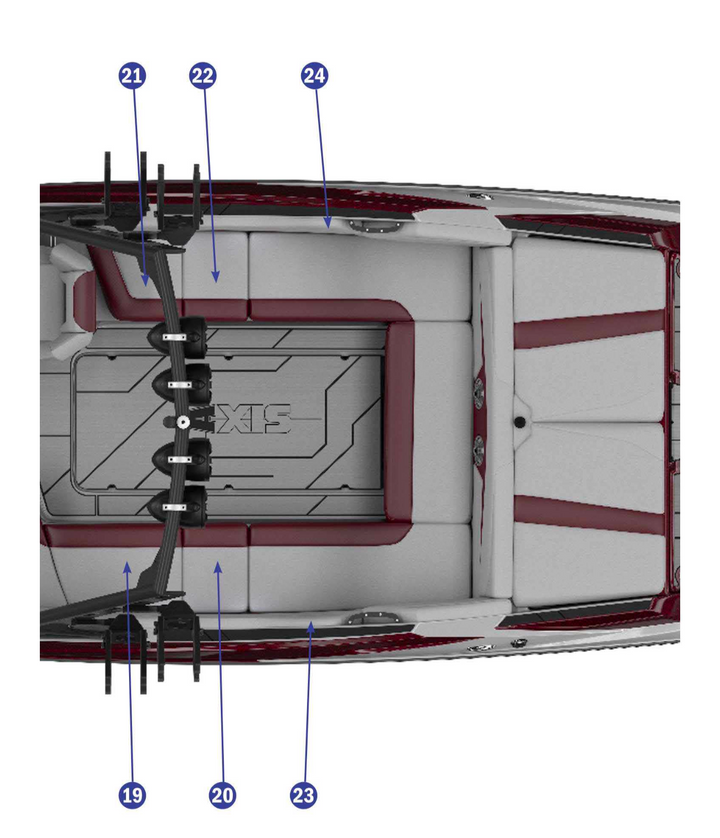 2020 A24 boat upholstery featuring a sleek design with red and gray colors, enhancing comfort and style.
