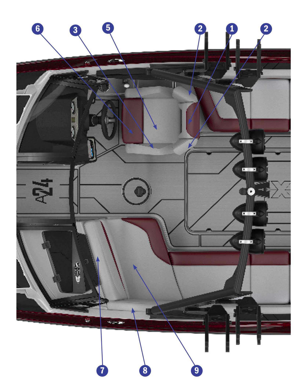 Top view of the 2020 A24 boat interior, showcasing upholstery details, seating layout, and storage options.