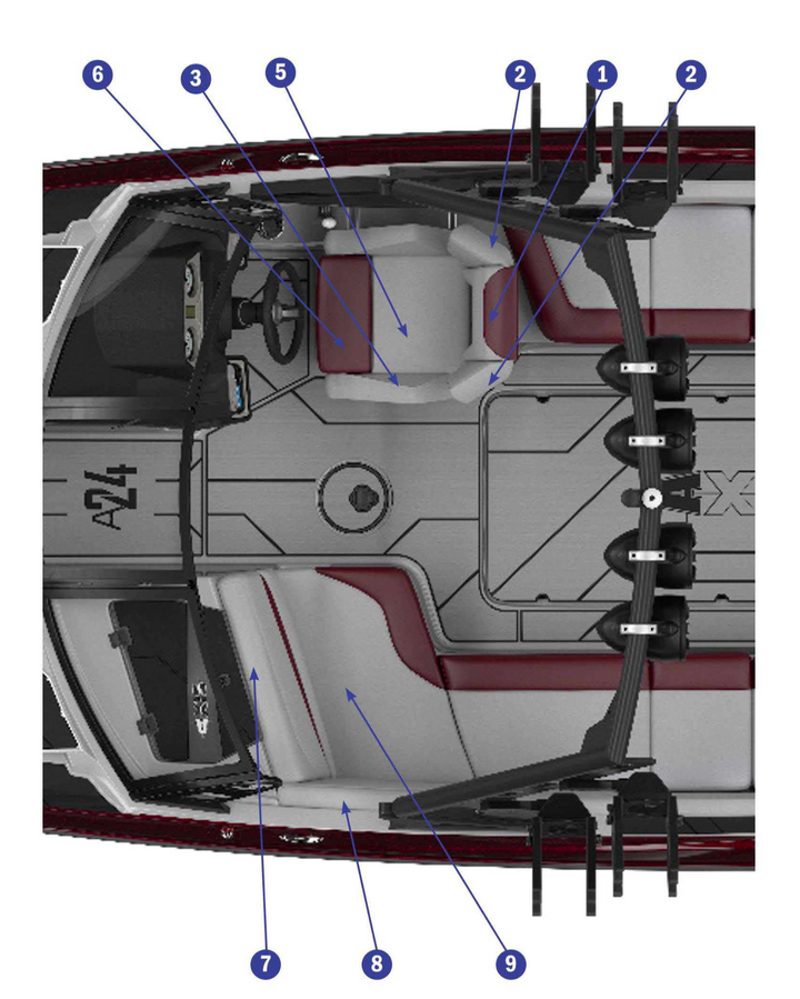 Top view of the 2020 A24 boat interior, showcasing upholstery details, seating layout, and storage options.