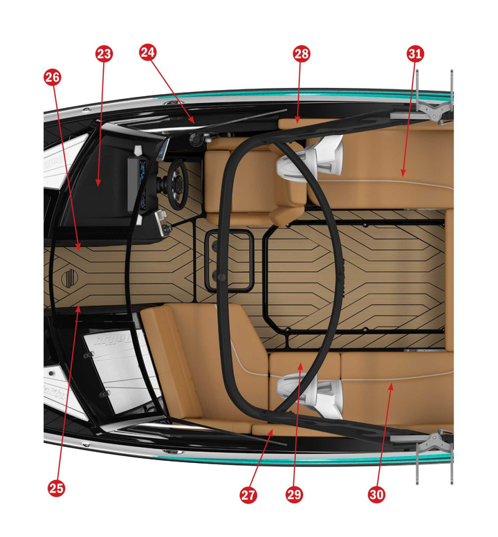 2020 22 LSV boat interior showing tan upholstery, seating layout, and dashboard design for enhanced comfort and style.