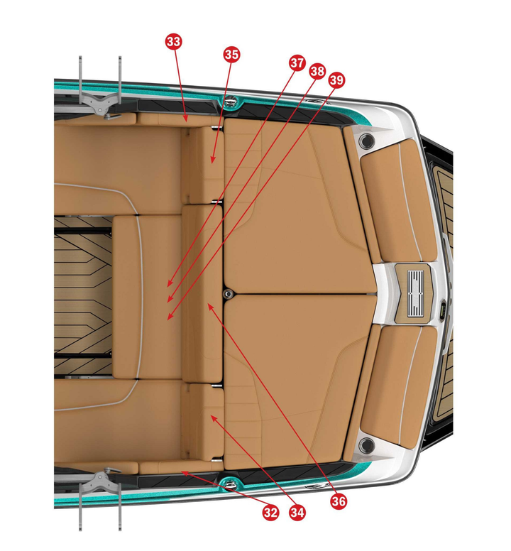Top view of 2020 22 LSV boat upholstery, featuring tan seating layout and attachment points for installation.