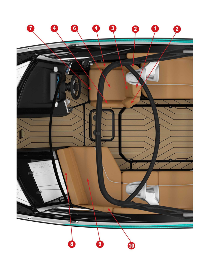 Detailed layout of 2020 22 LSV boat upholstery, highlighting seating and interior design features for optimal comfort.