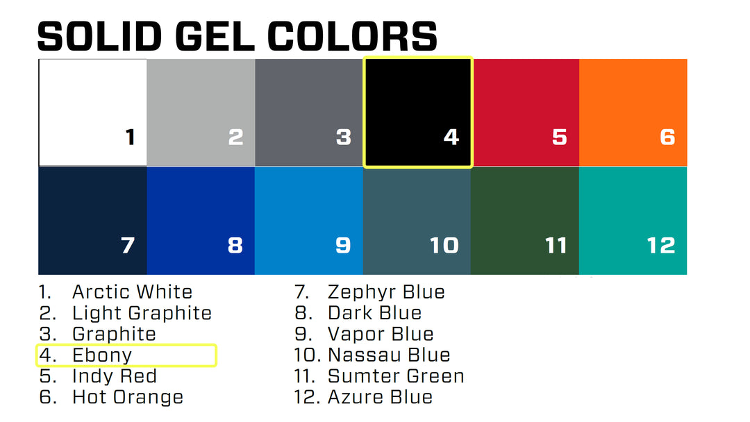 Color chart of Malibu/Axis Solid Gel-coat for 2021 model year, highlighting the ebony black color with a yellow border.