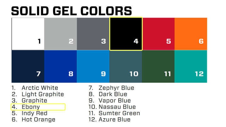 Color chart of Malibu/Axis Solid Gel-coat for 2021 model year, highlighting the ebony black color with a yellow border.