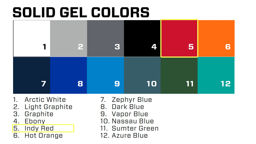 Color chart showing solid gel-coat colors for Malibu/Axis 2021 model, with Indy Red highlighted in red and yellow.