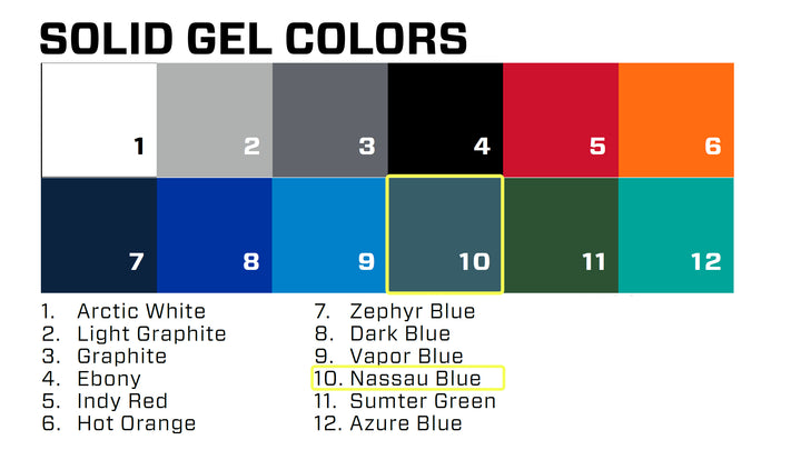 Solid gel-coat color chart for 2021 Malibu/Axis models, highlighting Nassau Blue with a blue shade in the bottom row.