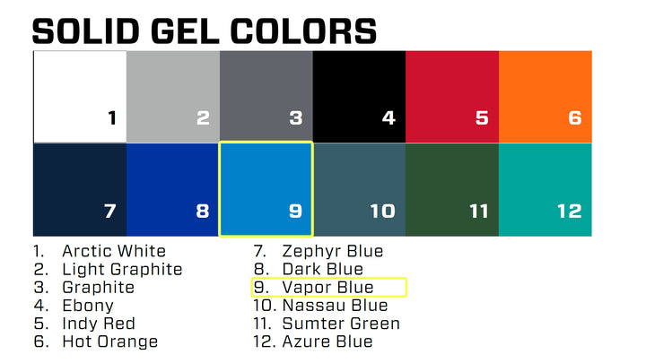 Chart showing Malibu/Axis solid gel-coat colors for 2021, highlighting Vapor Blue as a vibrant blue shade.