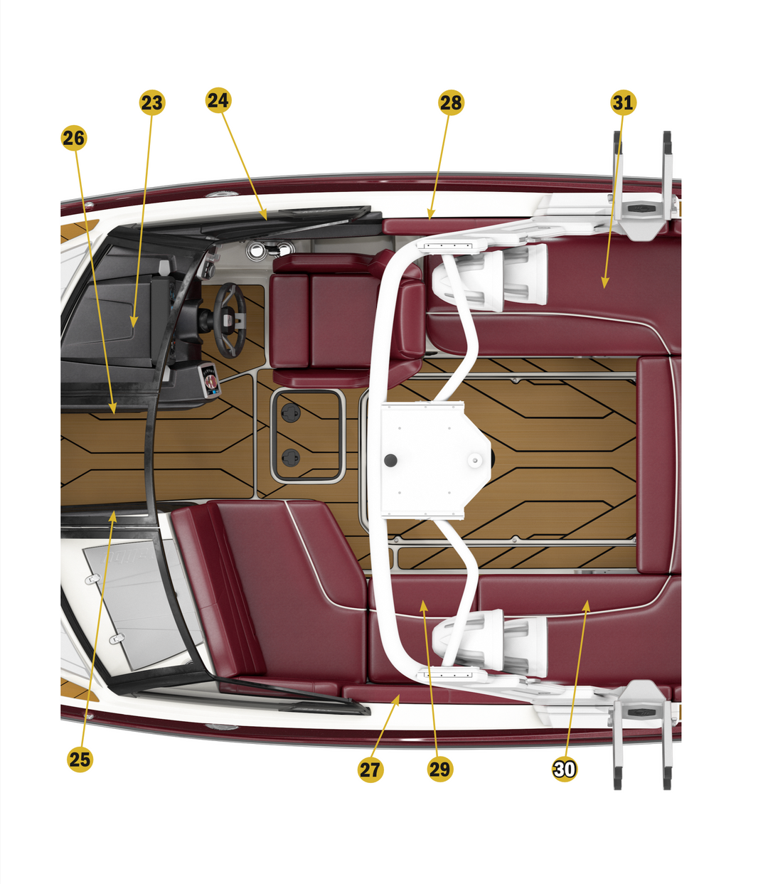 Top view of a 2021 22 LSV boat showcasing its red upholstery, seating layout, and wooden flooring design.