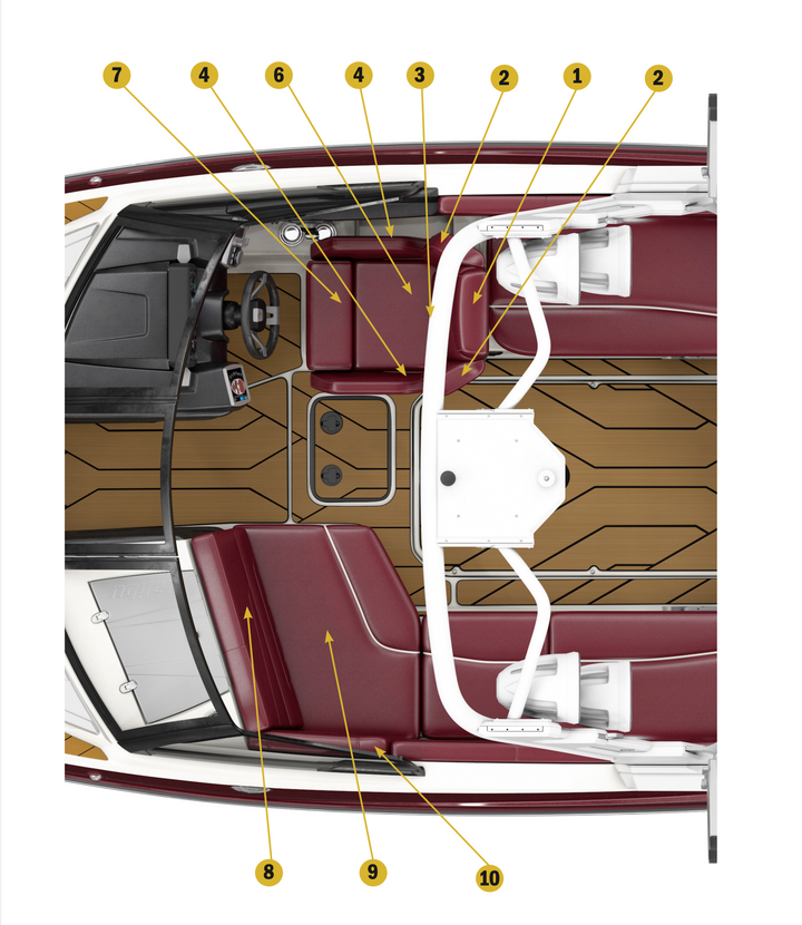 Top view of 2021 22 LSV boat upholstery, showcasing seating layout, helm, and flooring design for optimal comfort and style.