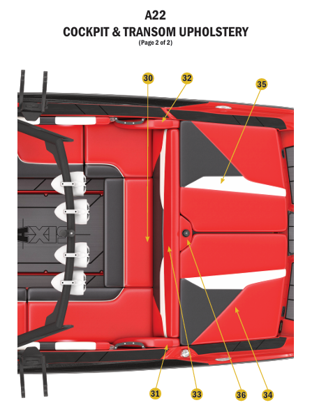 Starboard sundeck hatch skin for A22 boat, featuring red and gray upholstery with labeled sections for installation.