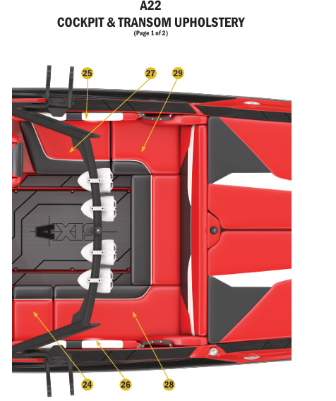 Starboard rear seat skin for Axis A22 boat, showcasing red and black upholstery design for cockpit and transom.