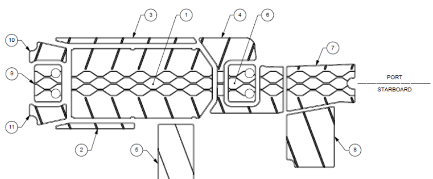 Diagram of a cockpit flooring piece for the 2021 M240, detailing sections and installation points for port and starboard sides.