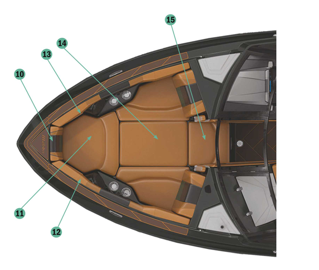 Top view of a boat interior featuring the Natalie Seat Skin in a stylish tan color, highlighting seating and layout.