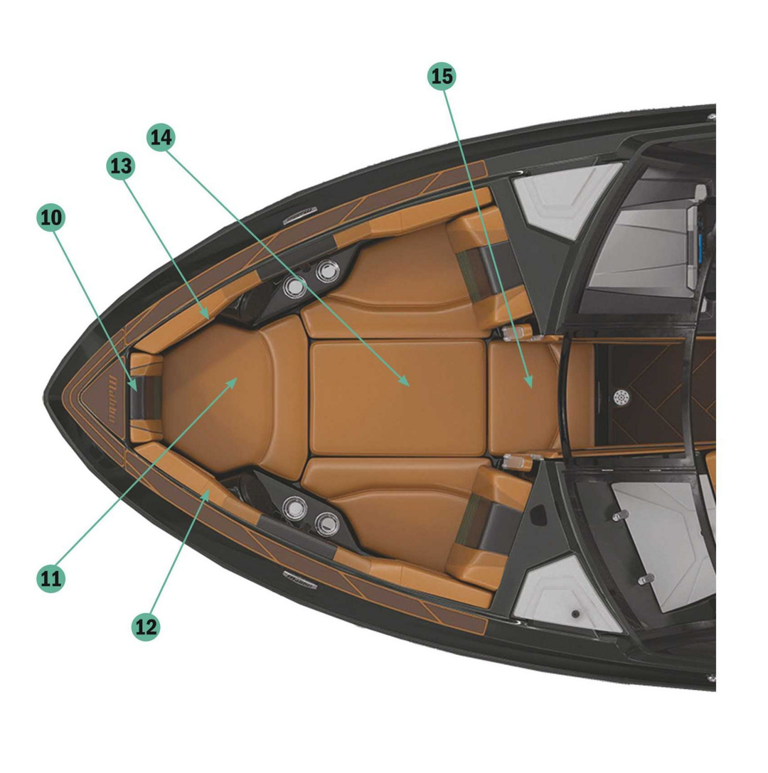 2022 Malibu 25 LSV boat upholstery layout showcasing comfortable seating and stylish design for a premium boating experience.