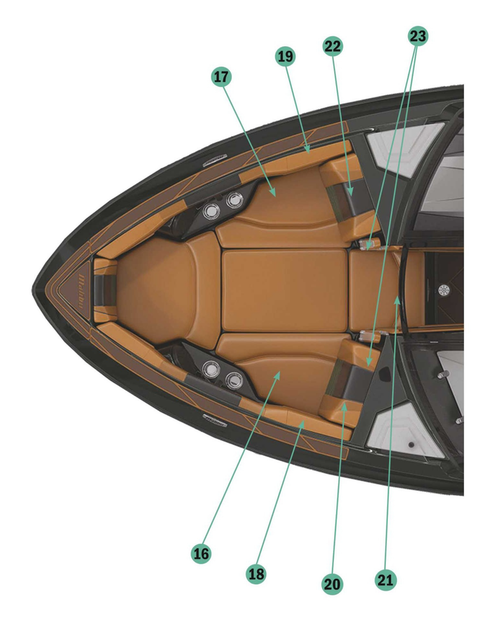 Top view of the 2022 25 LSV boat upholstery, showcasing the stylish brown seating layout and integrated speakers.