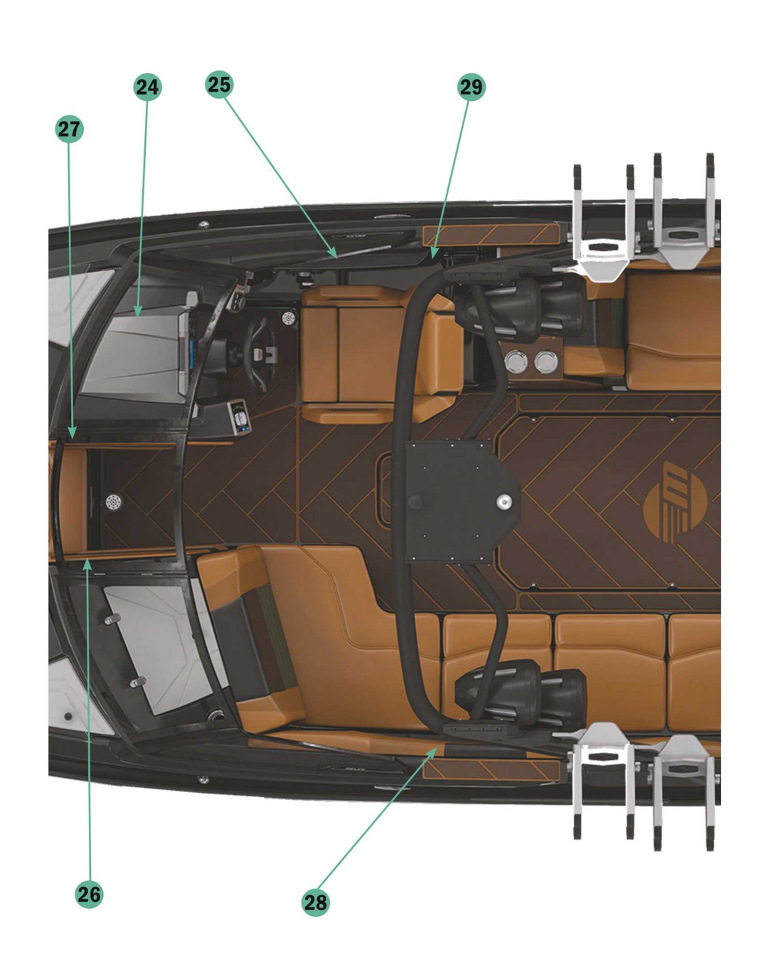 2022 25 LSV boat interior upholstery layout featuring tan seating and a sleek design for comfort and style.