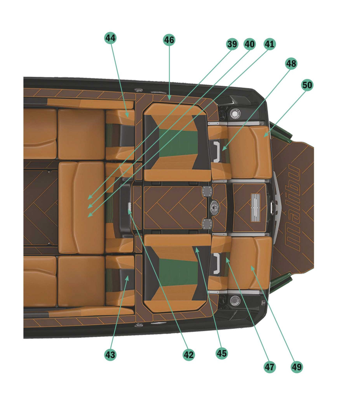 2022 Malibu 25 LSV boat upholstery layout featuring brown and green seating areas for comfort and style.