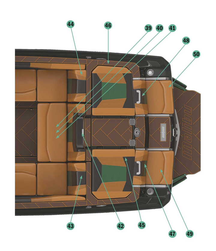 2022 Malibu 25 LSV boat upholstery layout featuring brown and green seating areas for comfort and style.