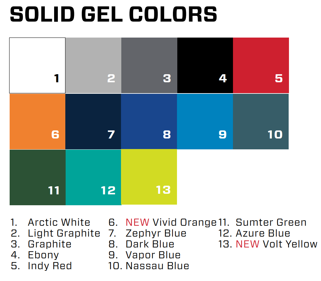 Color palette for Malibu/Axis Solid Gel-coat 2023 model year, including Arctic White, Light Graphite, Ebony, and vibrant shades.