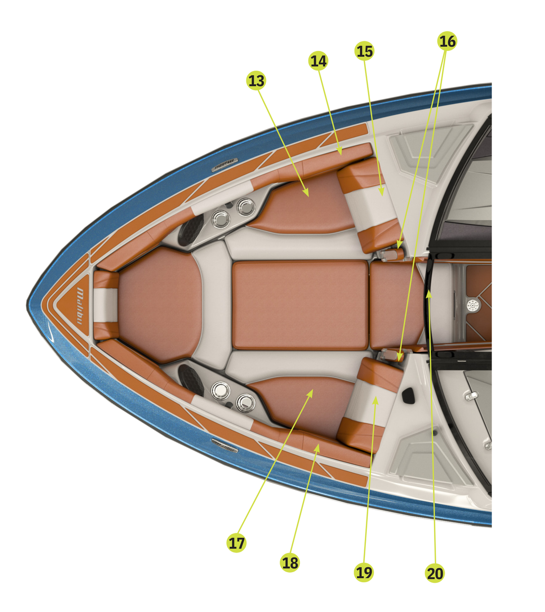 Top view of the 2023 25 LSV boat upholstery, featuring stylish seating and a sleek design for comfort and aesthetics.