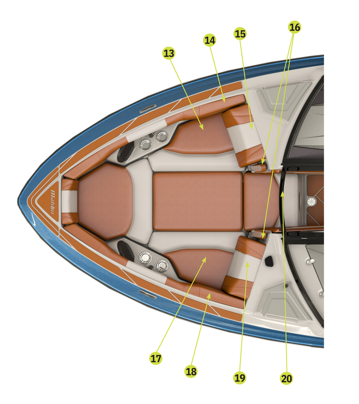 Top view of the 2023 25 LSV boat upholstery, featuring stylish seating and a sleek design for comfort and aesthetics.