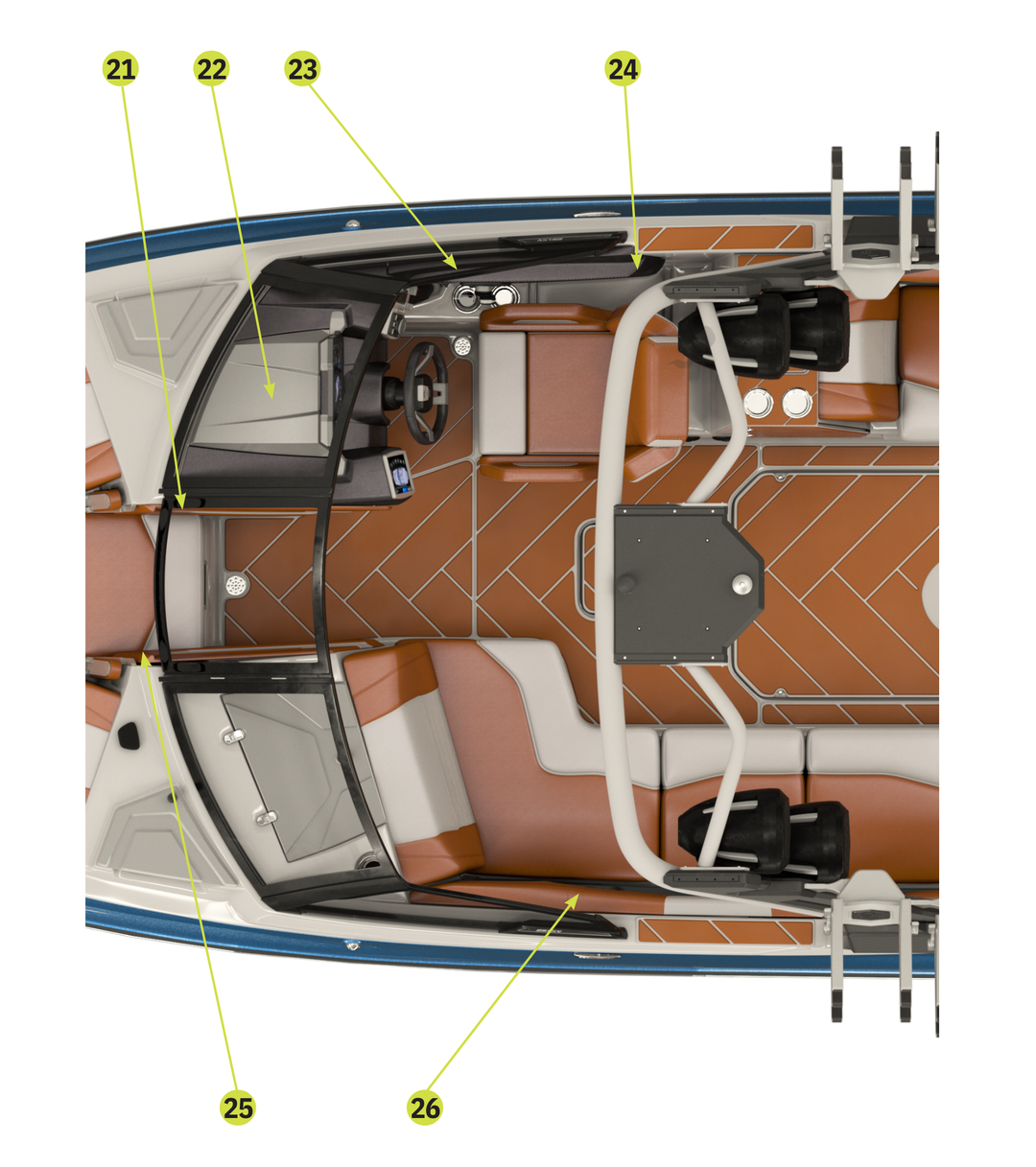 Top view of the 2023 25 LSV boat interior showcasing stylish upholstery, seating layout, and dashboard design.