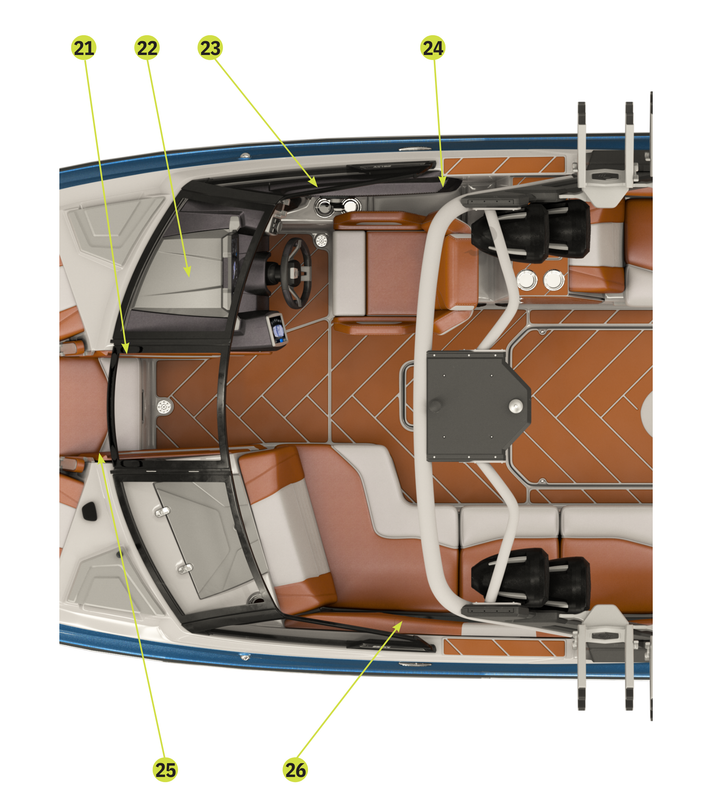 Top view of the 2023 25 LSV boat interior showcasing stylish upholstery, seating layout, and dashboard design.