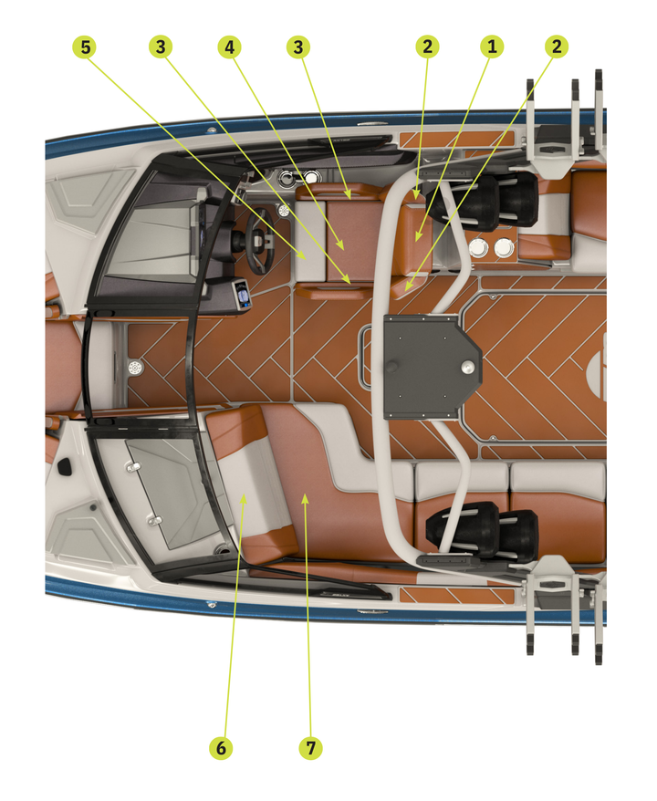 Top view of the 2023 25 LSV boat interior showcasing stylish upholstery, seating layout, and dashboard design.