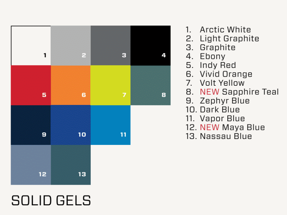 Color chart for Malibu/Axis Solid Gel-coat 2024 model year, featuring Arctic White, Light Graphite, Ebony, and vibrant blue shades.