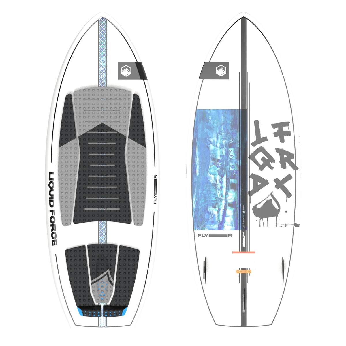 2025 Liquid Force Flyer wakesurf board featuring a sleek design with textured grip and vibrant graphics.