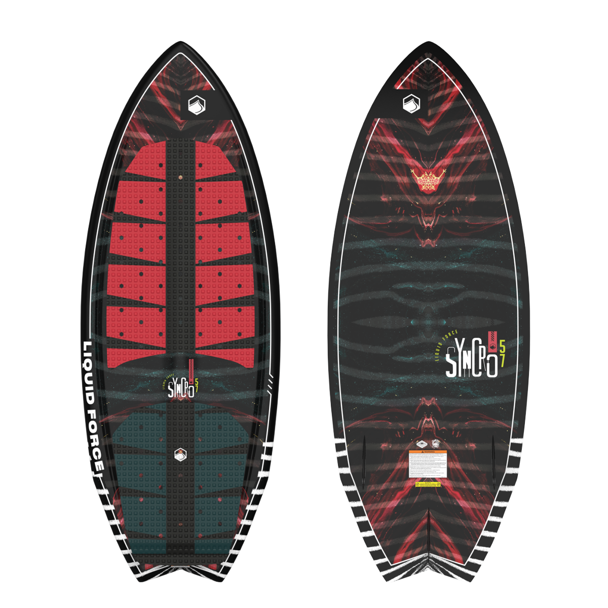 2025 Liquid Force Syncro Skim Wakesurf Board featuring a sleek design with red and black patterns for optimal performance.