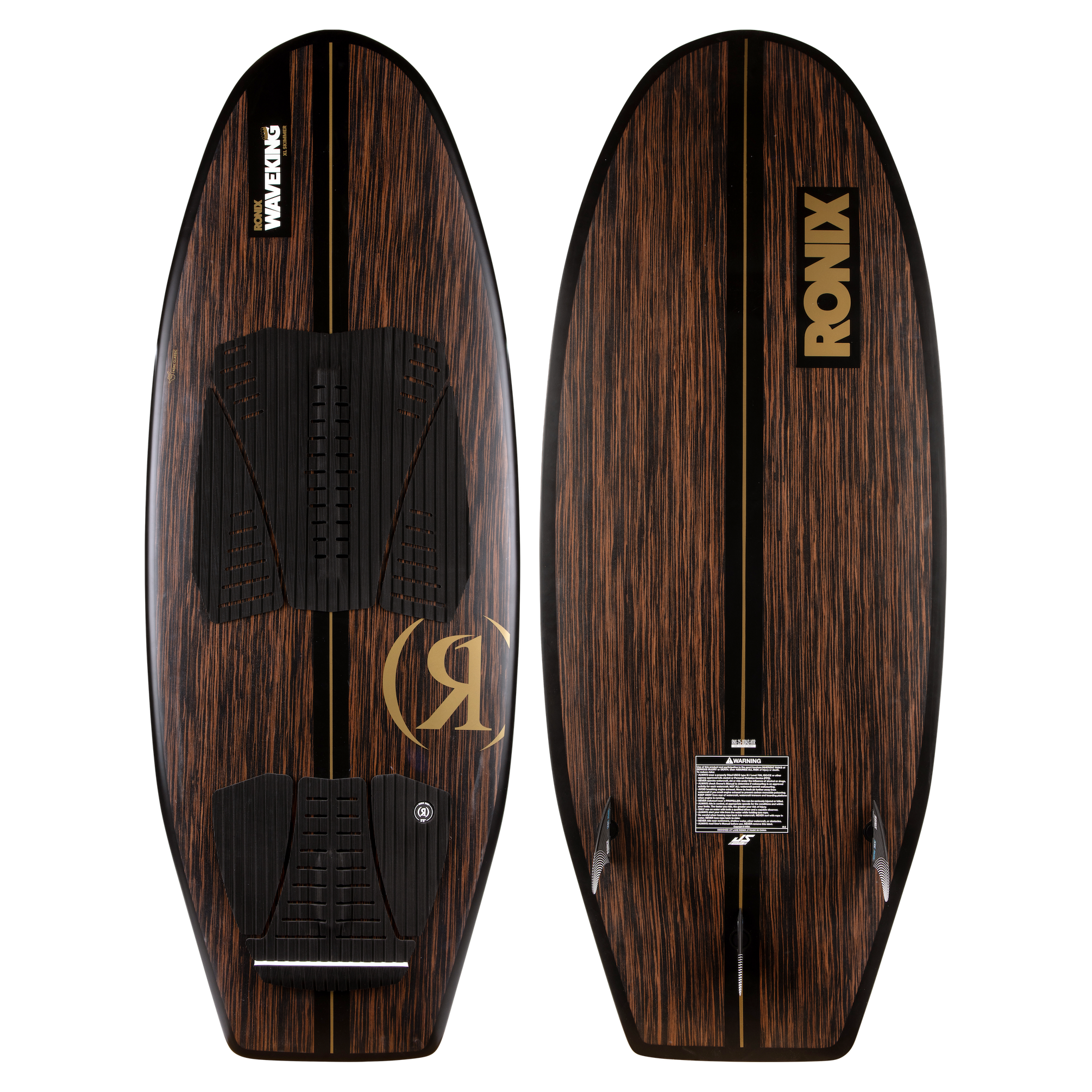 2025 Ronix Koal Classic Wave King XL Skimmer Wakesurf Board with wood finish, traction pads, and fin setup.