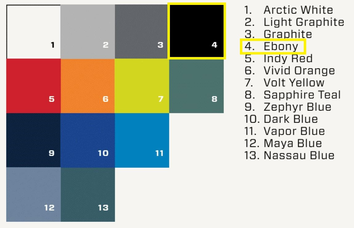 Color swatch for Malibu/Axis Solid Gel-coat 2025 model year featuring the Ebony shade among other color options.