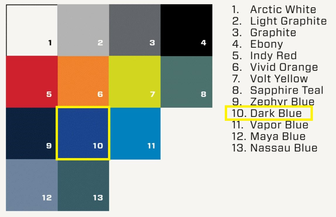 Color swatch chart for Malibu/Axis solid gel-coat options for the 2025 model year, highlighting Dark Blue.