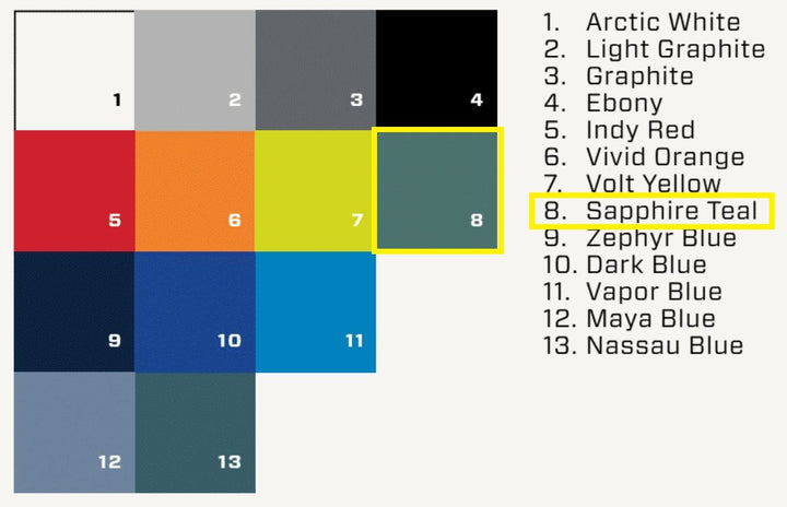Malibu/Axis Solid Gel-coat color options for the 2025 model year, featuring shades like Sapphire Teal and others.