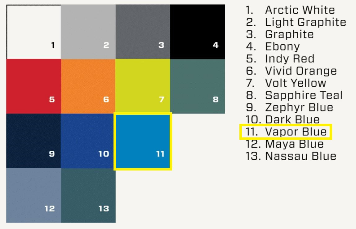 Malibu/Axis solid gel-coat color chart for the 2025 model year featuring Vapor Blue and other color options.